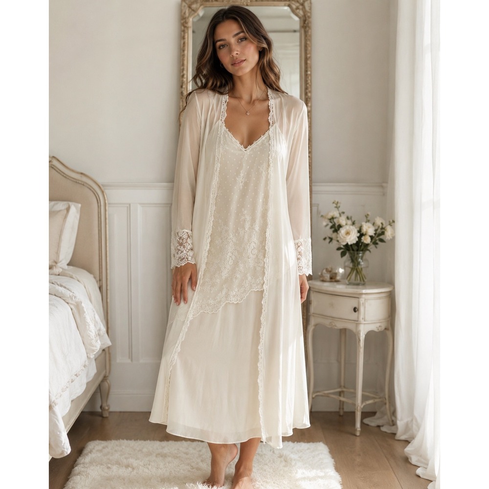 Delicates Ivory Lace Trim Sheer Robe S/M Bridal Boudoir Longline Duster